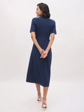 Blue Notch Collar Button Midi Dress-SASSAFRAS worklyf