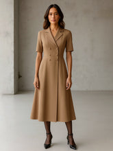 Beige Notch Collar Button Midi Dress-SASSAFRAS worklyf
