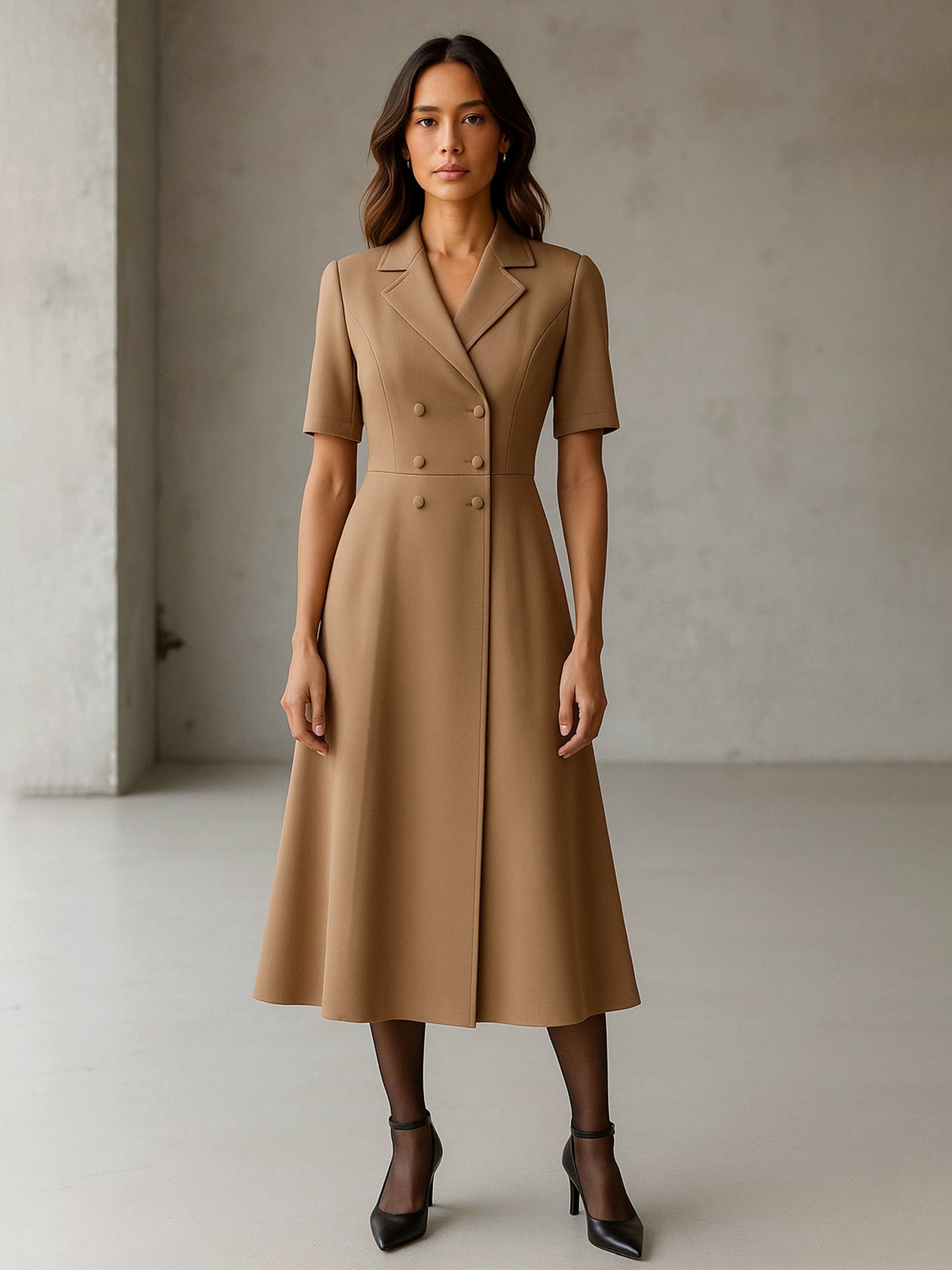 Beige Notch Collar Button Midi Dress-SASSAFRAS worklyf