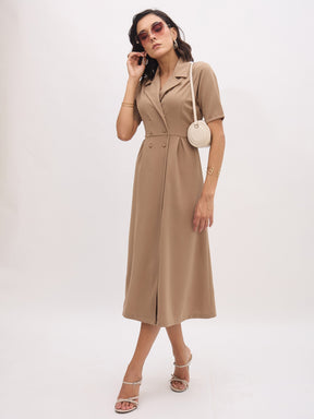 Beige Notch Collar Button Midi Dress-SASSAFRAS worklyf