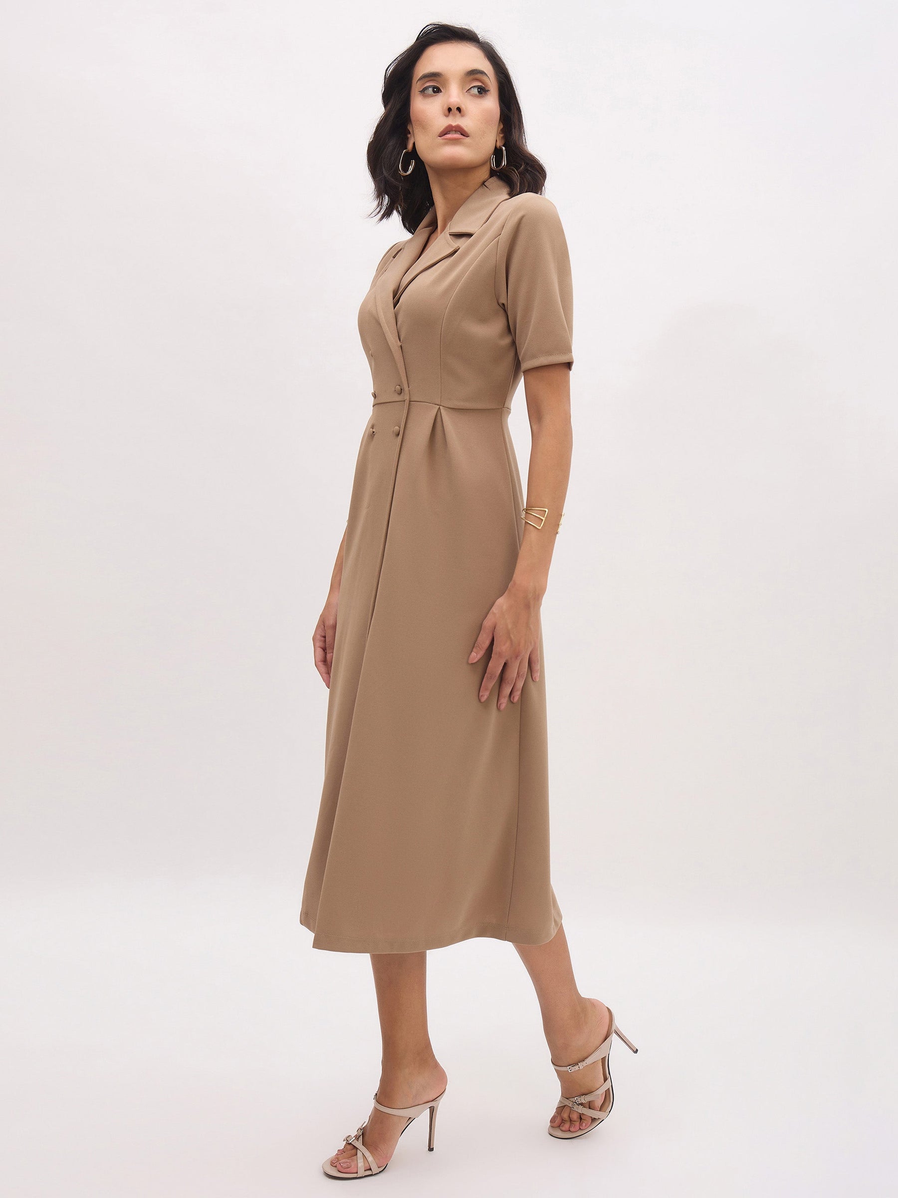 Beige Notch Collar Button Midi Dress-SASSAFRAS worklyf