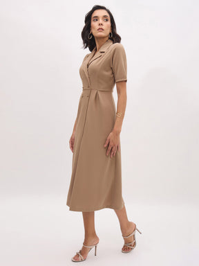 Beige Notch Collar Button Midi Dress-SASSAFRAS worklyf