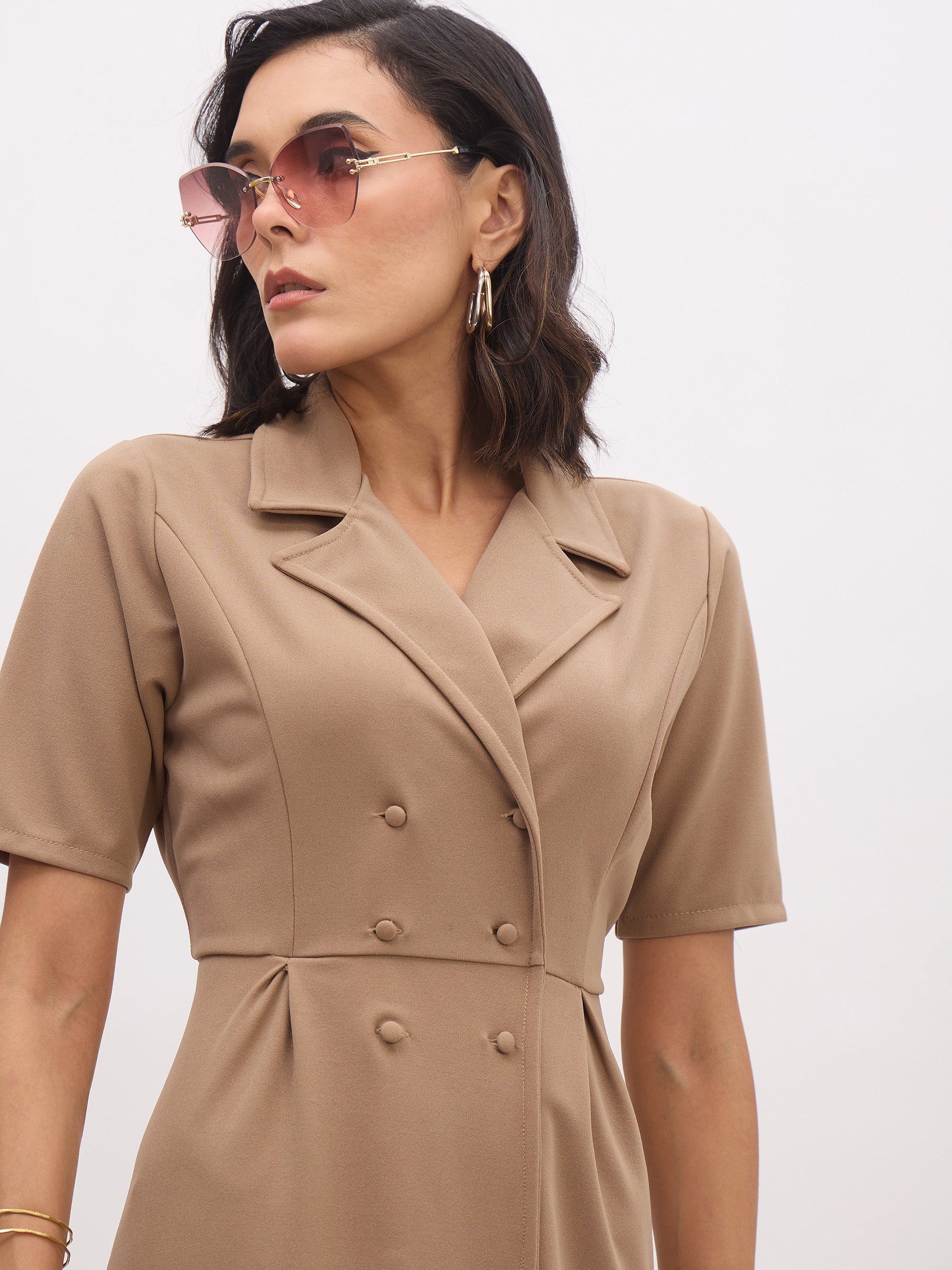 Beige Notch Collar Button Midi Dress-SASSAFRAS worklyf