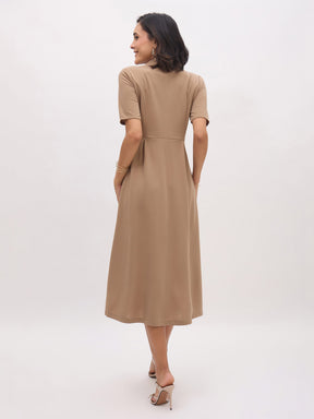 Beige Notch Collar Button Midi Dress-SASSAFRAS worklyf