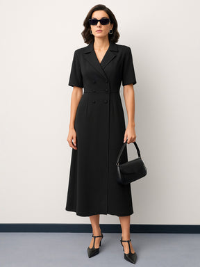 Black Notch Collar Button Midi Dress-SASSAFRAS worklyf
