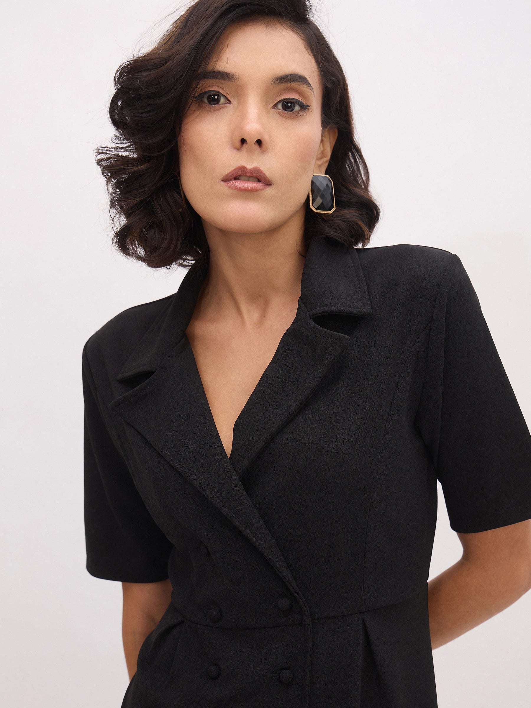 Black Notch Collar Button Midi Dress-SASSAFRAS worklyf