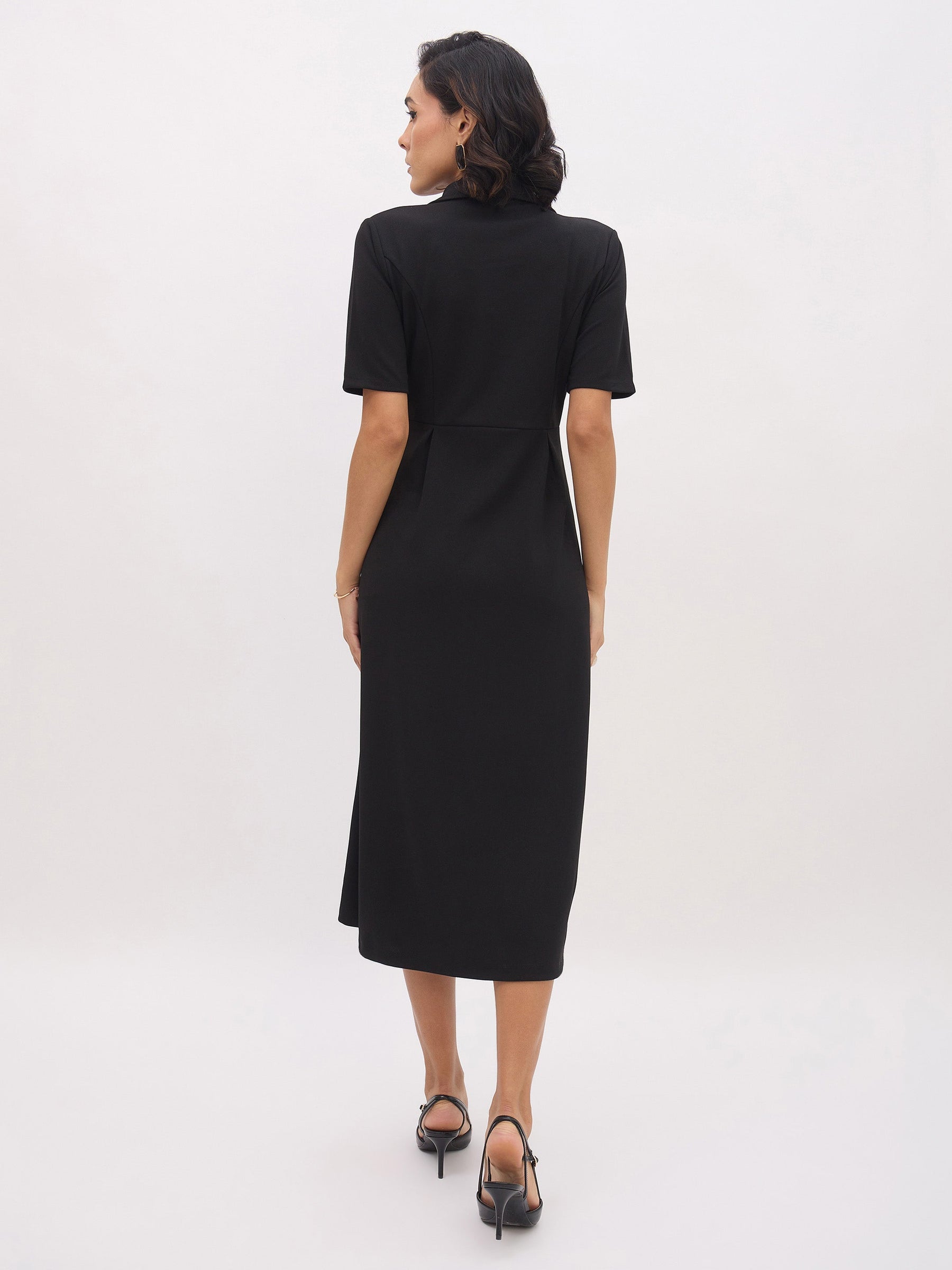 Black Notch Collar Button Midi Dress-SASSAFRAS worklyf
