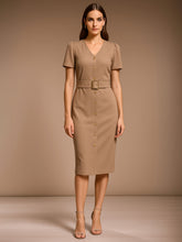 Beige V Neck Button Belt Midi dress-SASSAFRAS worklyf