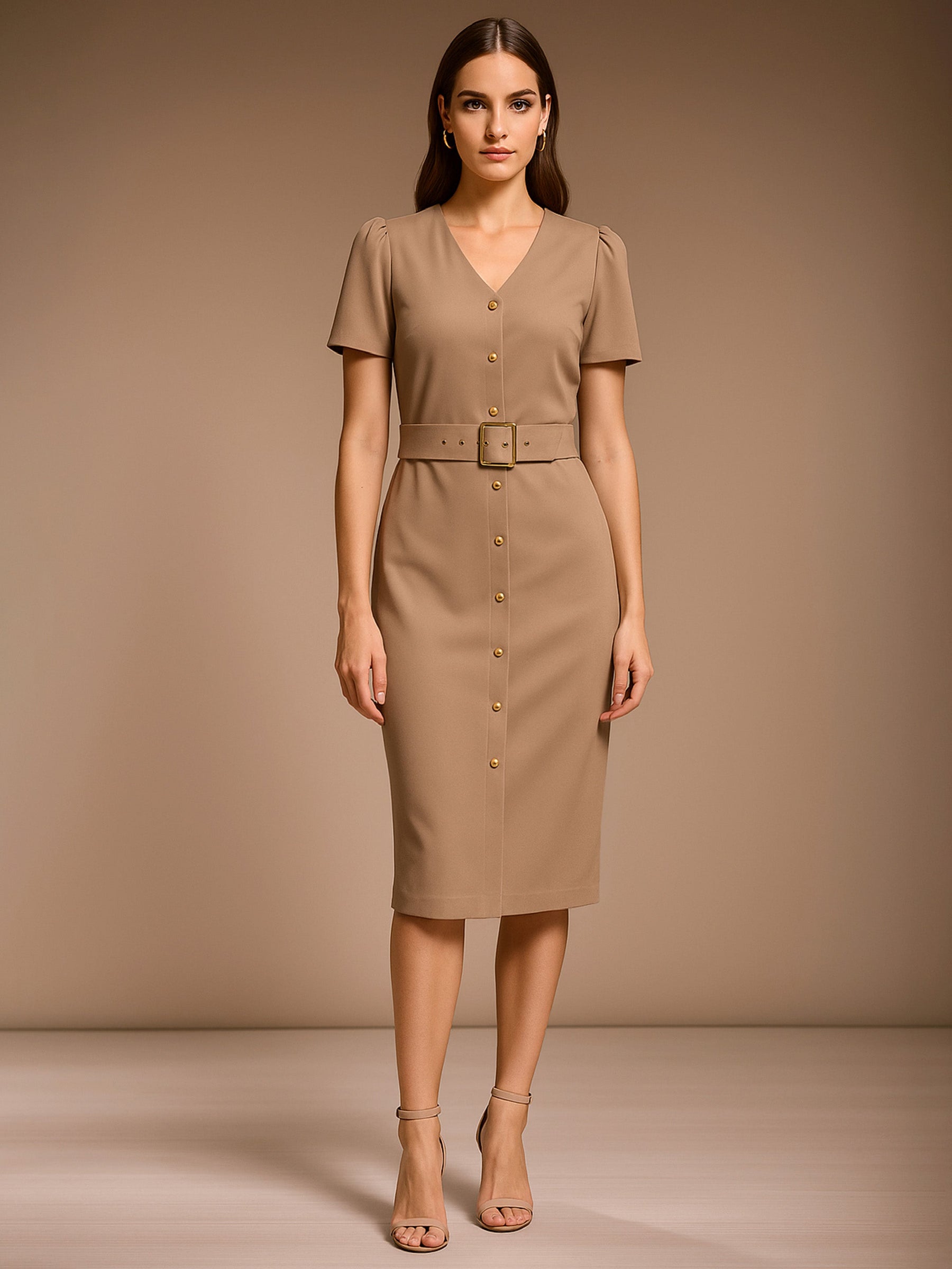 Beige V Neck Button Belt Midi dress-SASSAFRAS worklyf
