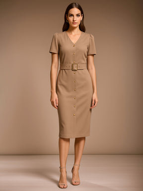 Beige V Neck Button Belt Midi dress-SASSAFRAS worklyf