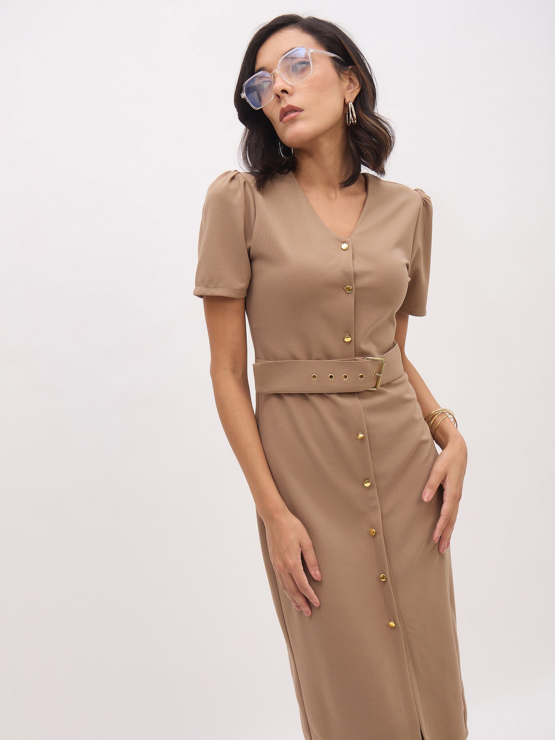 Beige V Neck Button Belt Midi dress-SASSAFRAS worklyf