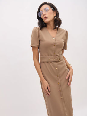 Beige V Neck Button Belt Midi dress-SASSAFRAS worklyf