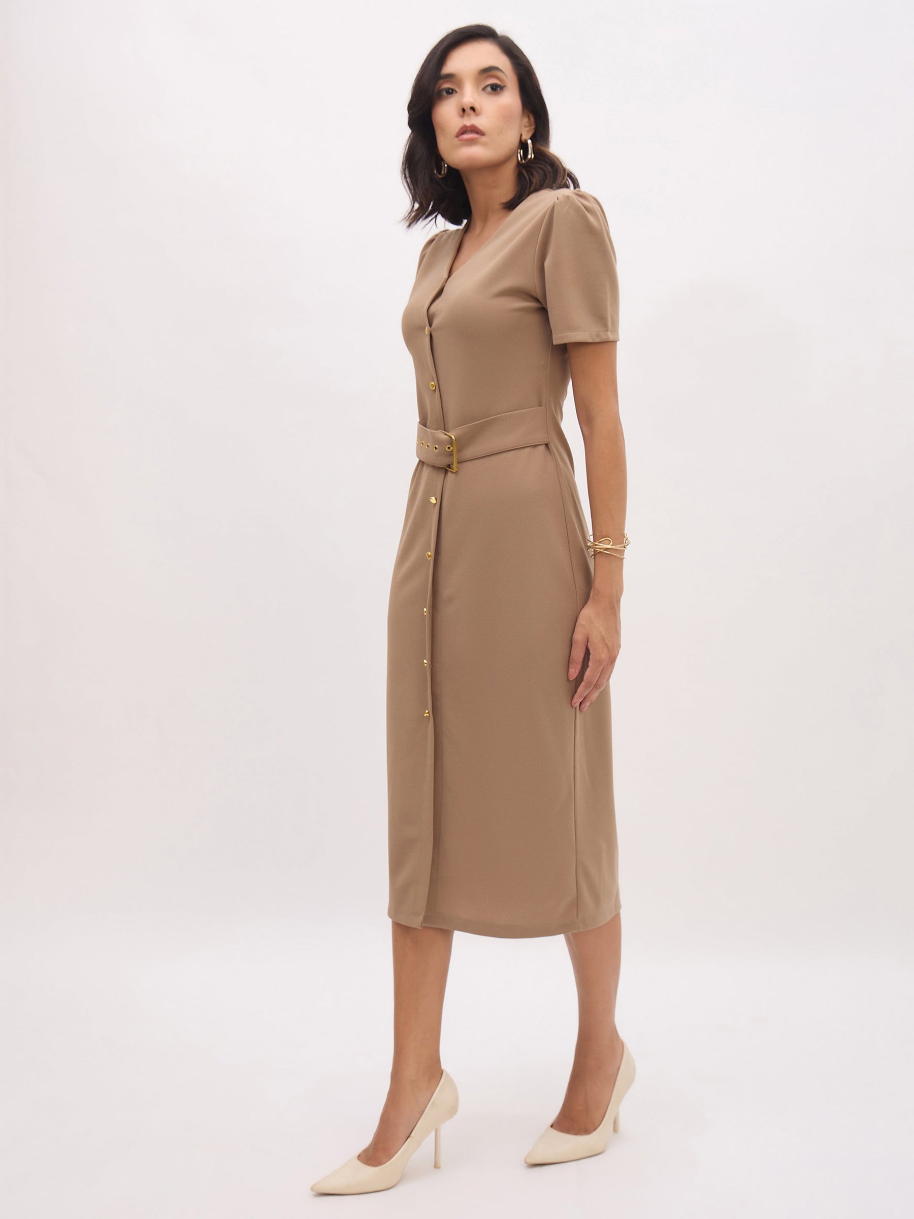Beige V Neck Button Belt Midi dress-SASSAFRAS worklyf