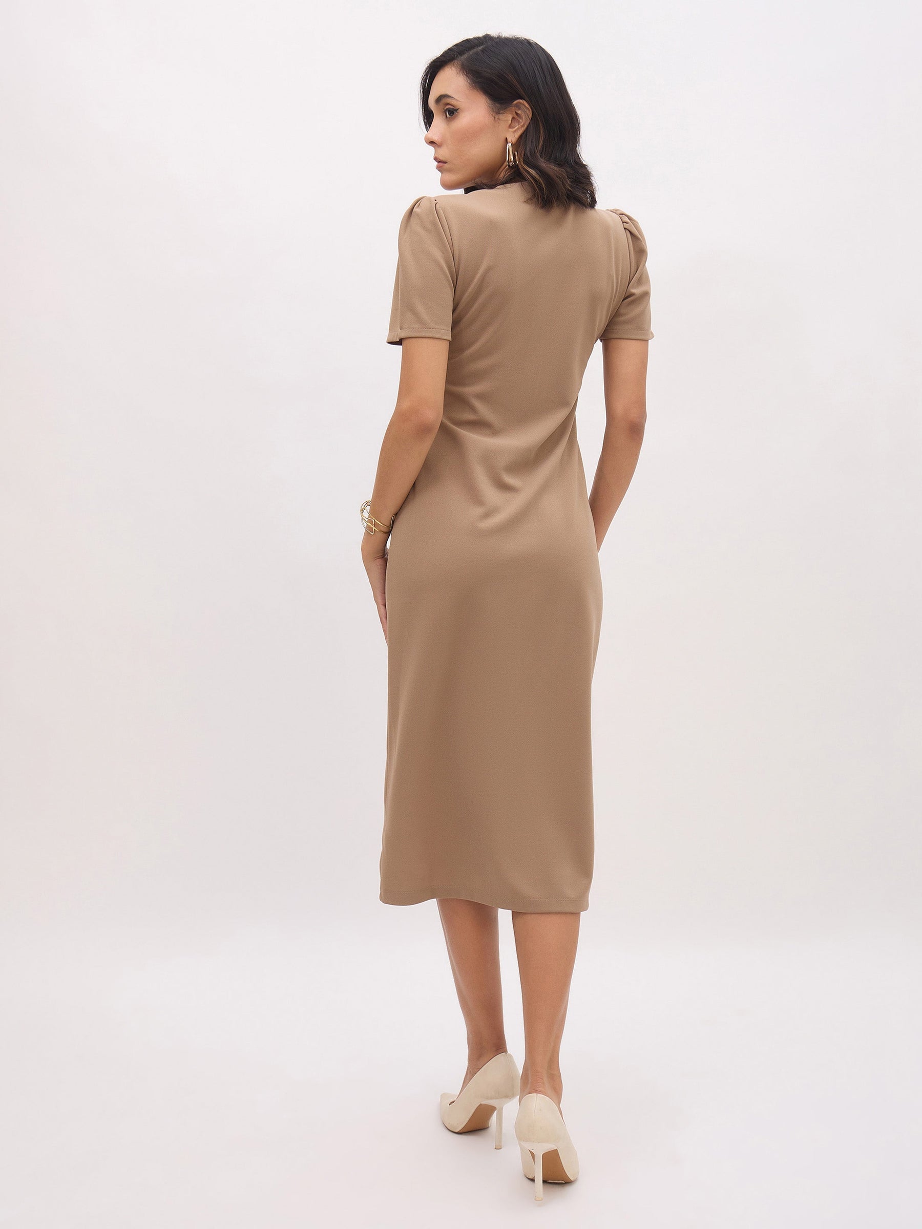 Beige V Neck Button Belt Midi dress-SASSAFRAS worklyf