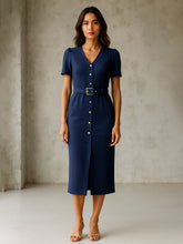 Blue V Neck Button Belt Midi dress-SASSAFRAS worklyf