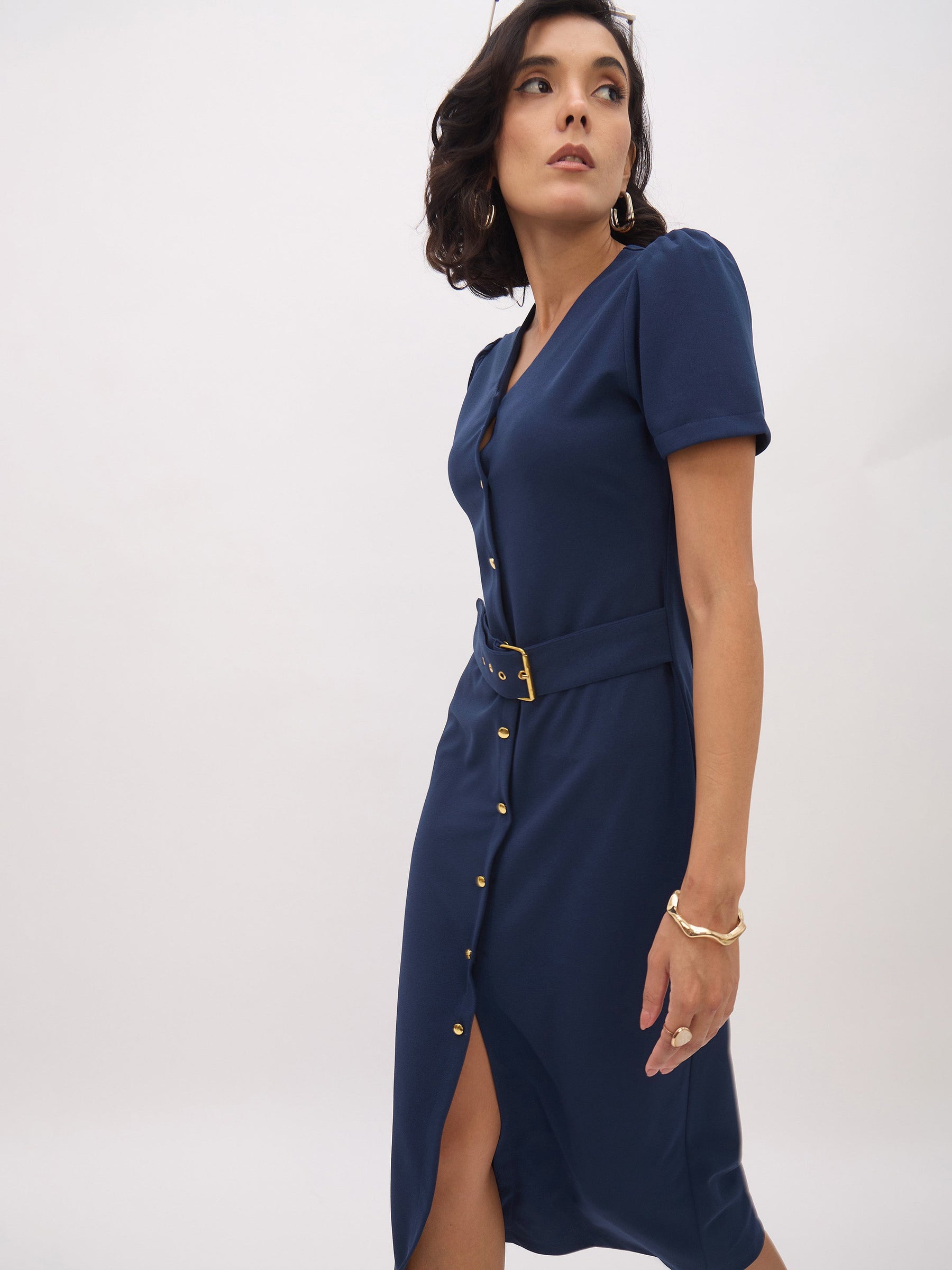 Blue V Neck Button Belt Midi dress-SASSAFRAS worklyf