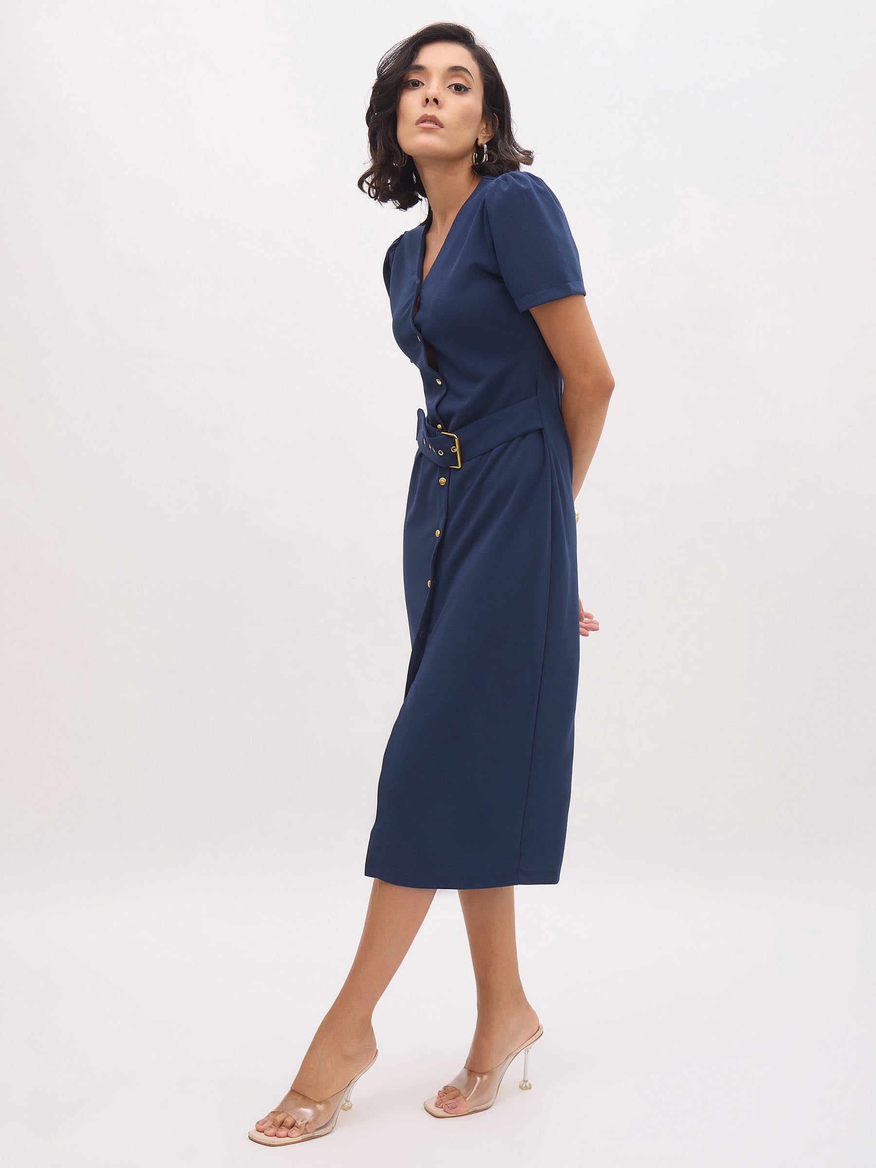 Blue V Neck Button Belt Midi dress-SASSAFRAS worklyf