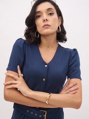 Blue V Neck Button Belt Midi dress-SASSAFRAS worklyf