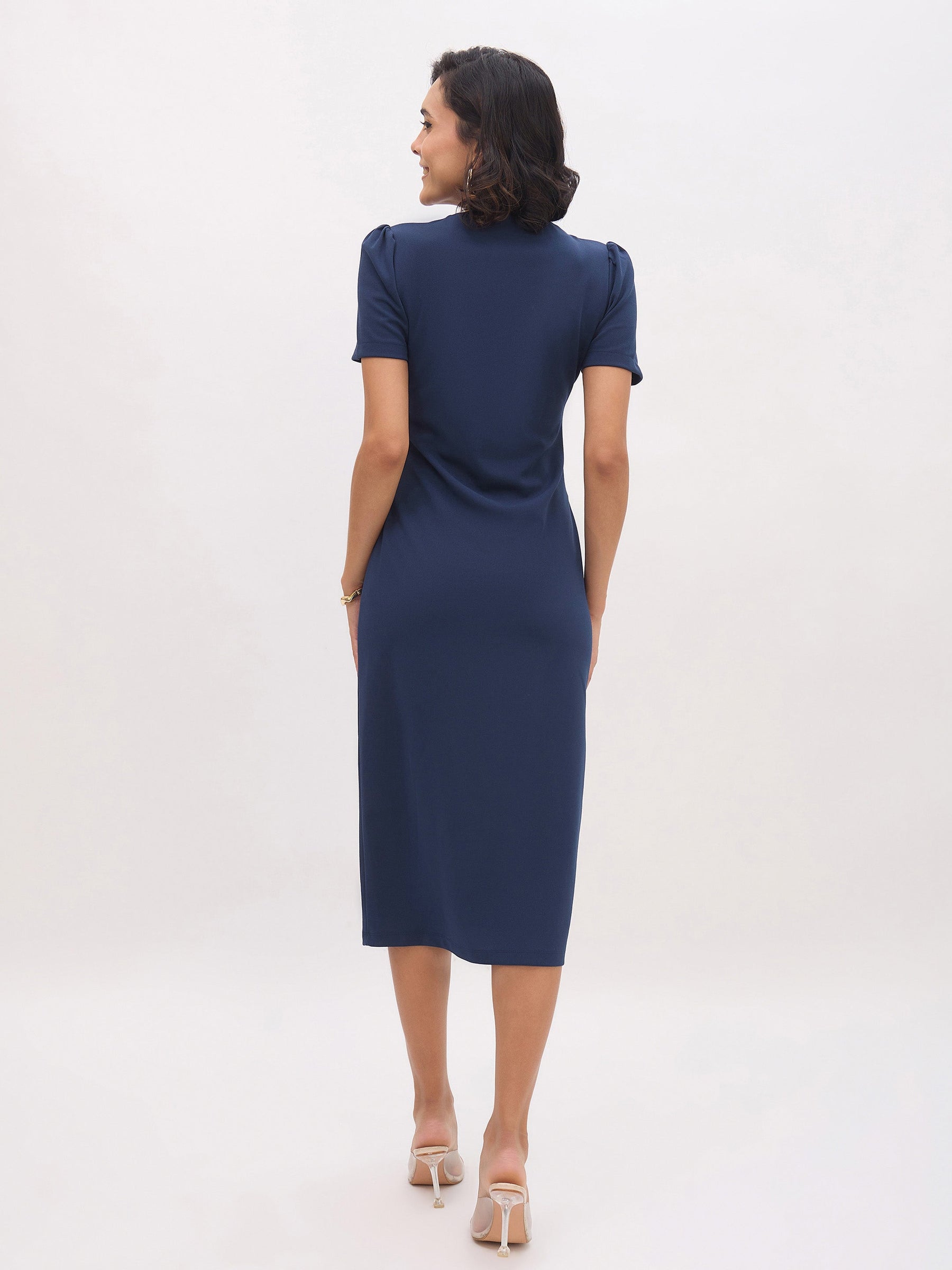 Blue V Neck Button Belt Midi dress-SASSAFRAS worklyf