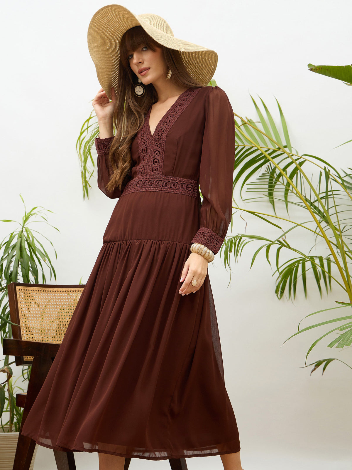 Dark Brown V-Neck Lace Detail Maxi Dress-SASSAFRAS