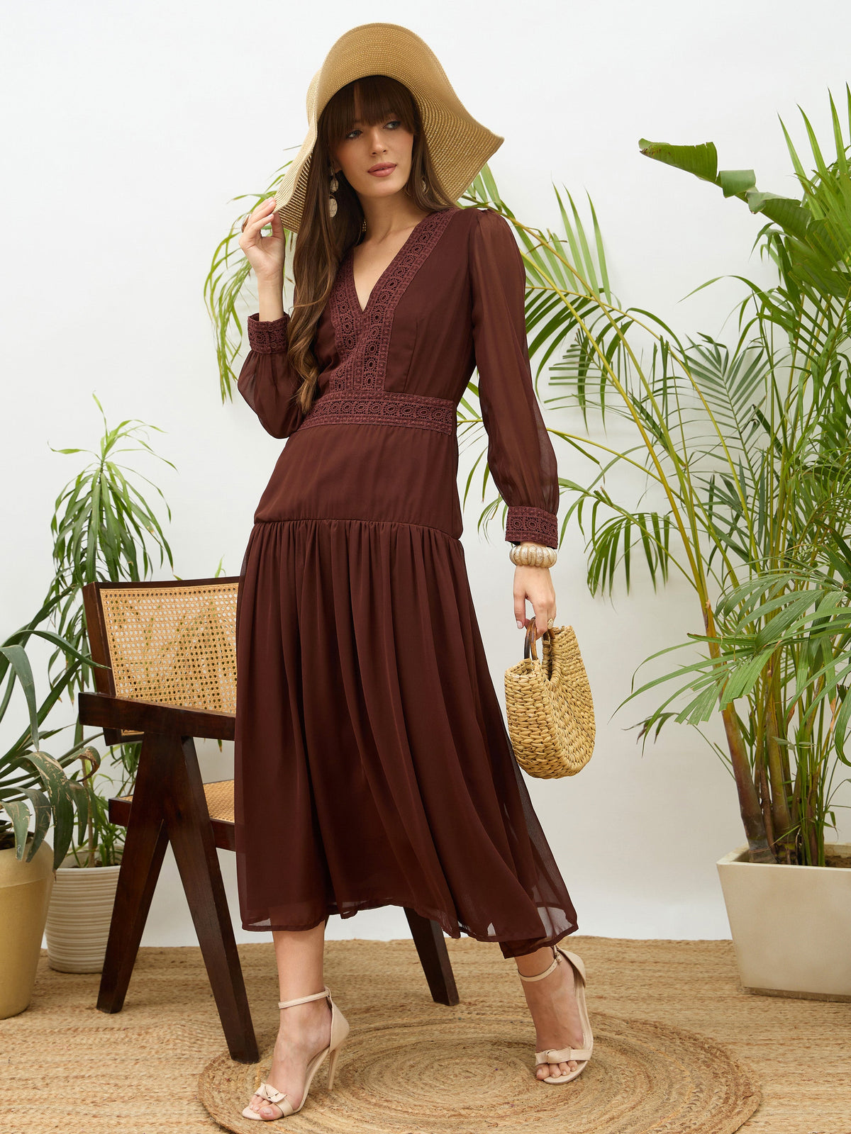 Dark Brown V-Neck Lace Detail Maxi Dress-SASSAFRAS