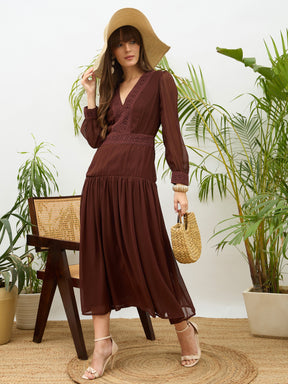 Dark Brown V-Neck Lace Detail Maxi Dress-SASSAFRAS