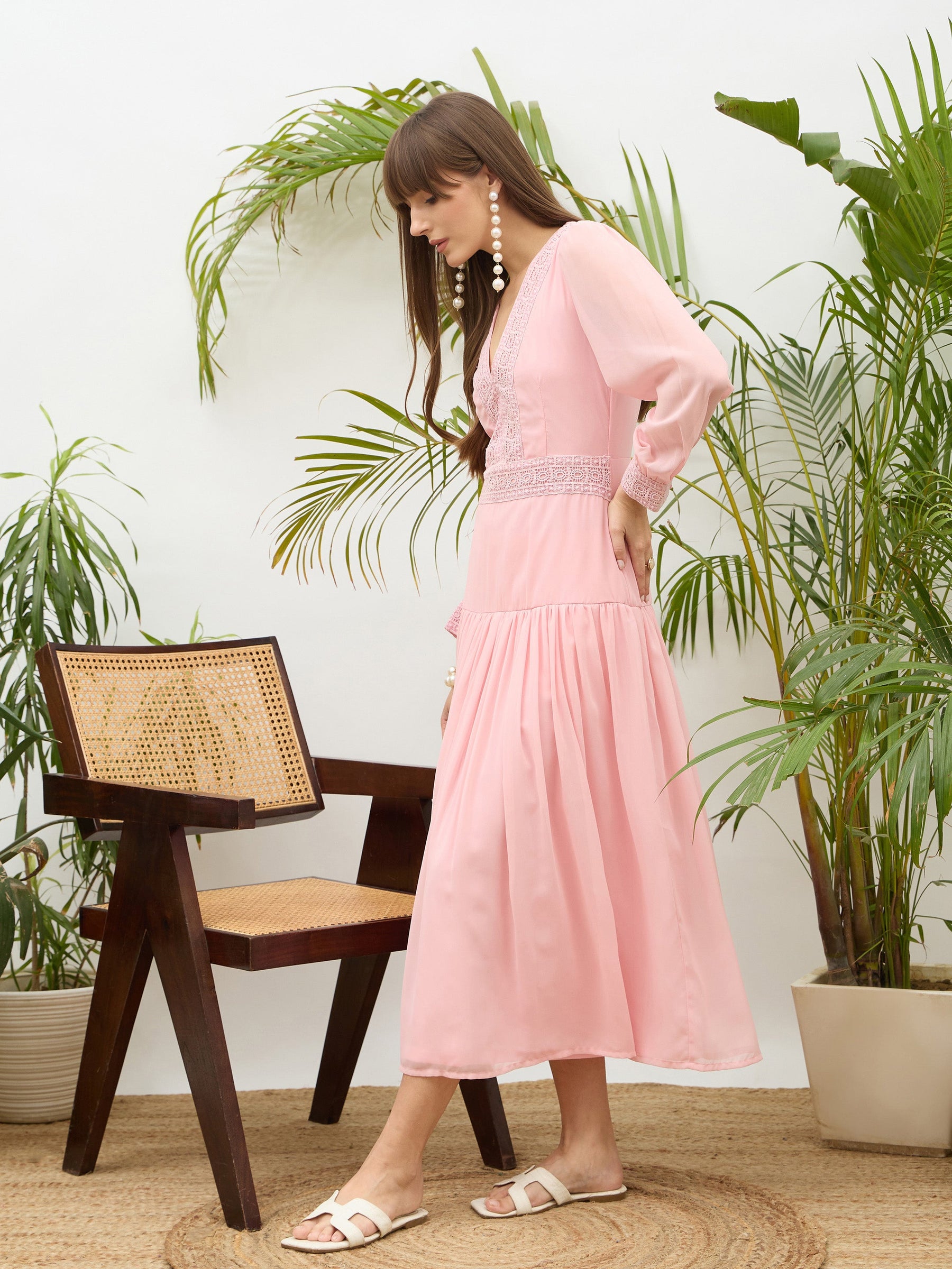 Women Light Pink V-Neck Lace Detail Maxi Dress1