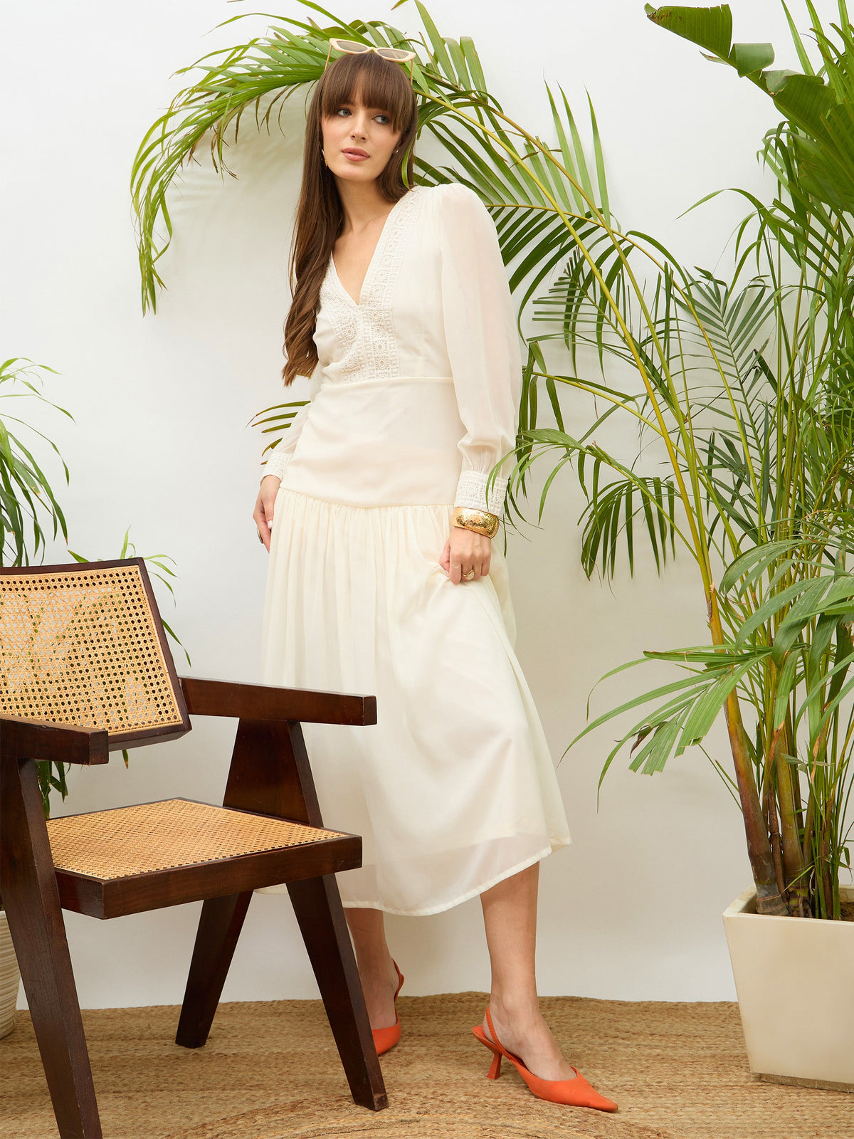 Off-White V-Neck Lace Detail Maxi Dress-SASSAFRAS
