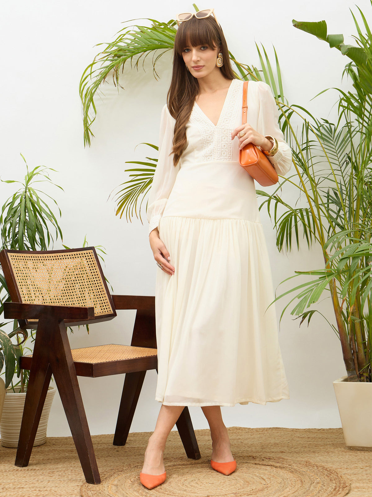 Off-White V-Neck Lace Detail Maxi Dress-SASSAFRAS
