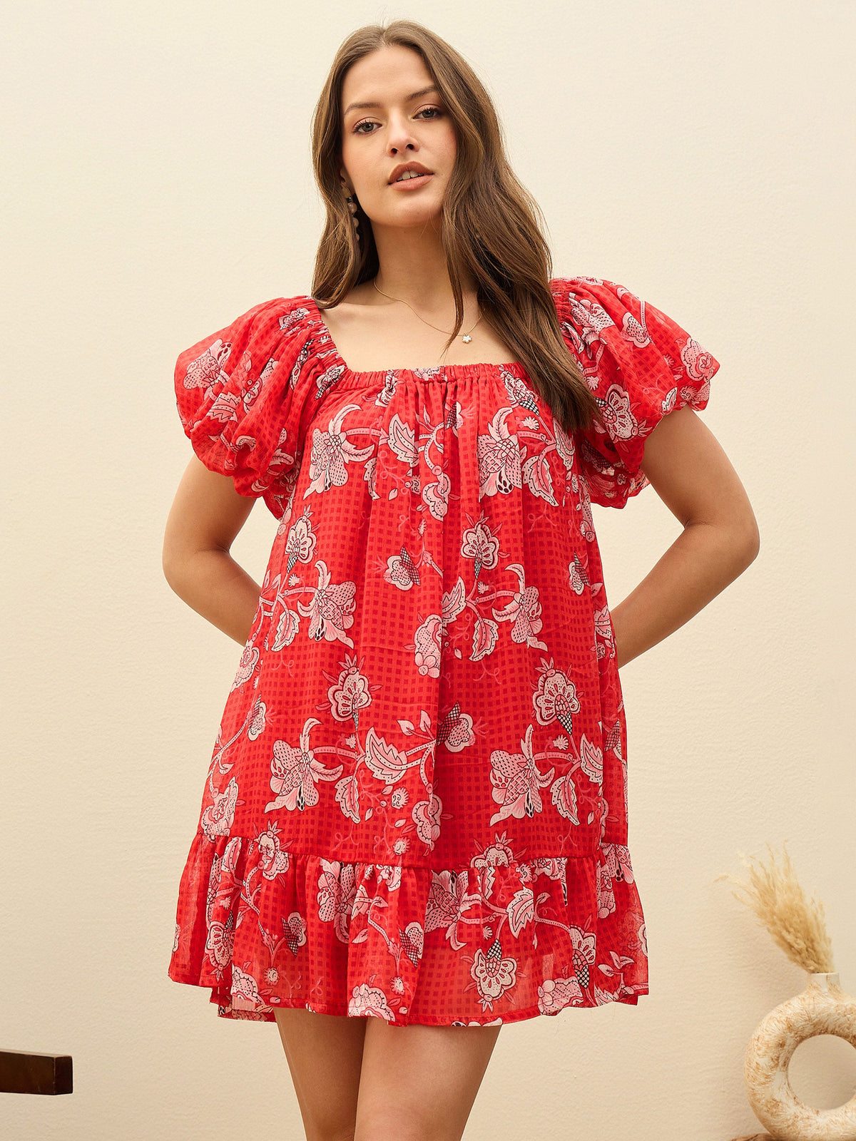 Red Floral Square Neck Balloon Sleeve Short Dress-SASSAFRAS
