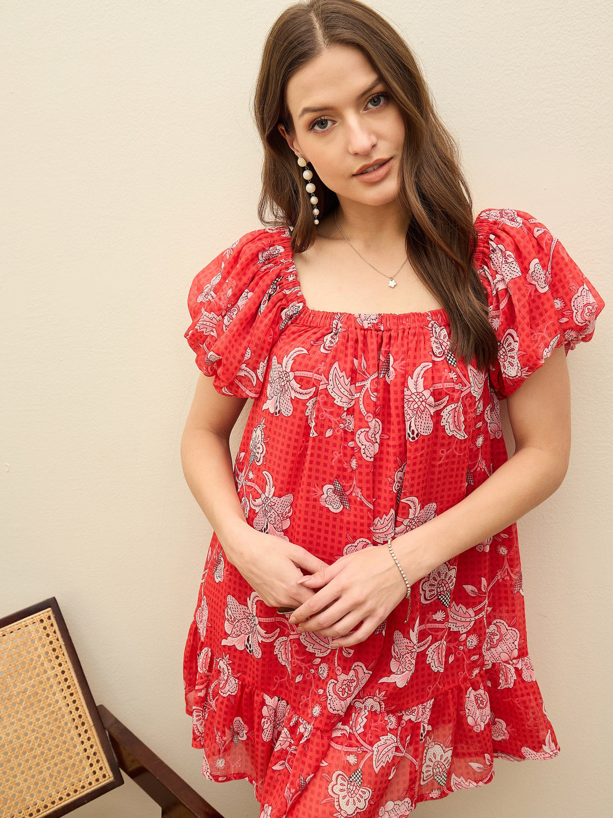 Red Floral Square Neck Balloon Sleeve Short Dress-SASSAFRAS