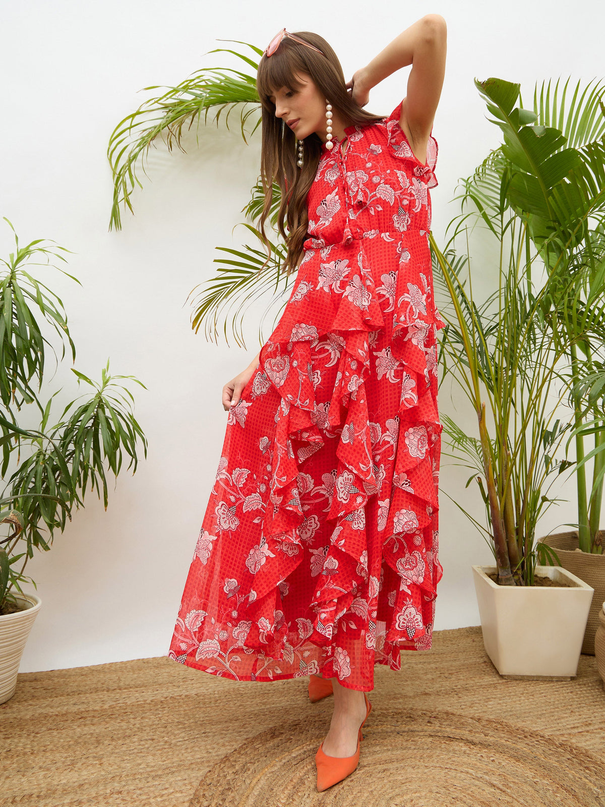 Red Floral Front Ruffle Detail Maxi Dress-SASSAFRAS