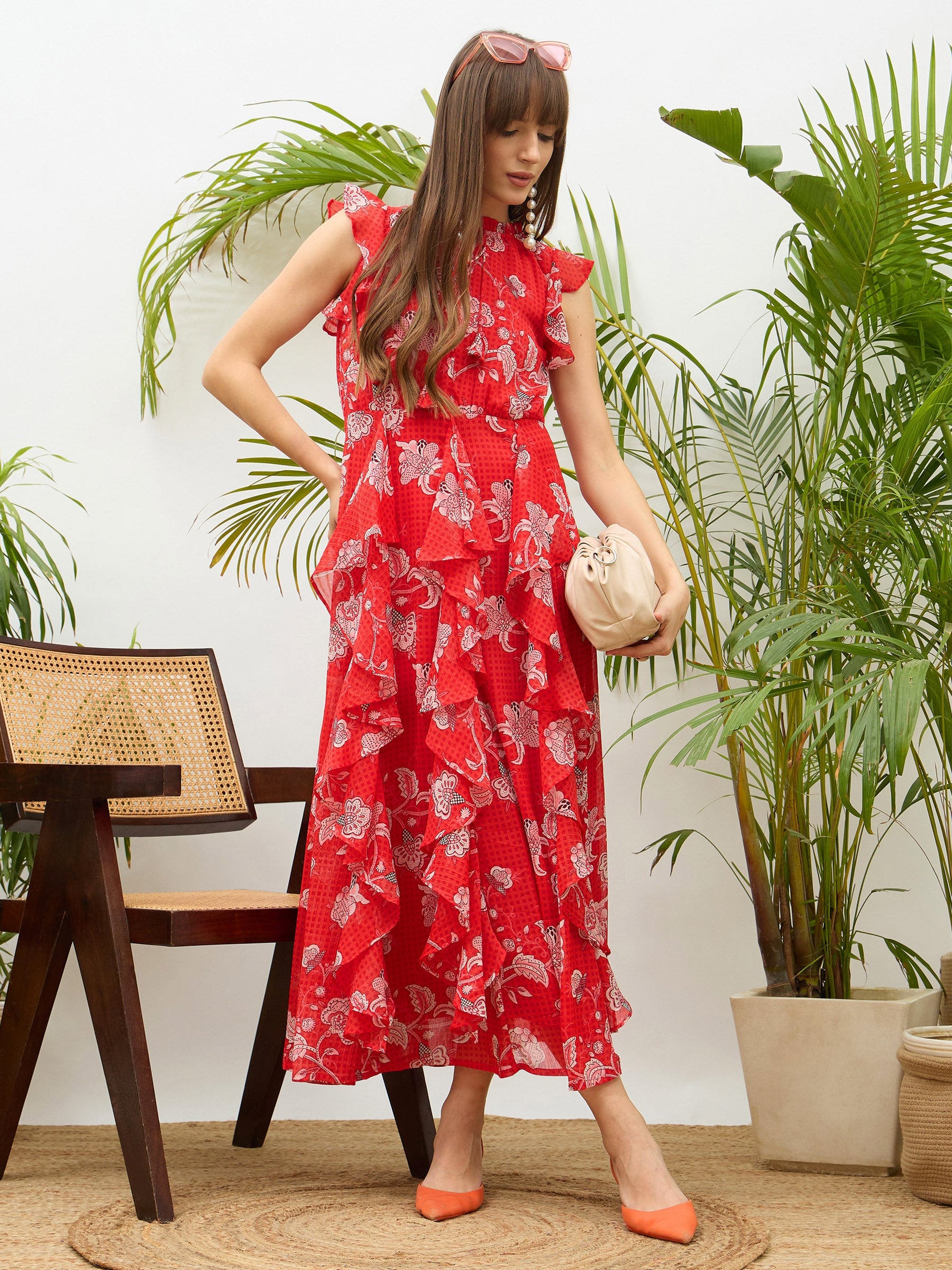 Women Red Floral Front Ruffle Detail Maxi Dress - Main Image