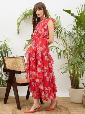 Red Floral Front Ruffle Detail Maxi Dress-SASSAFRAS