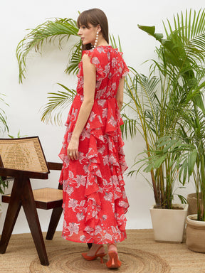 Red Floral Front Ruffle Detail Maxi Dress-SASSAFRAS