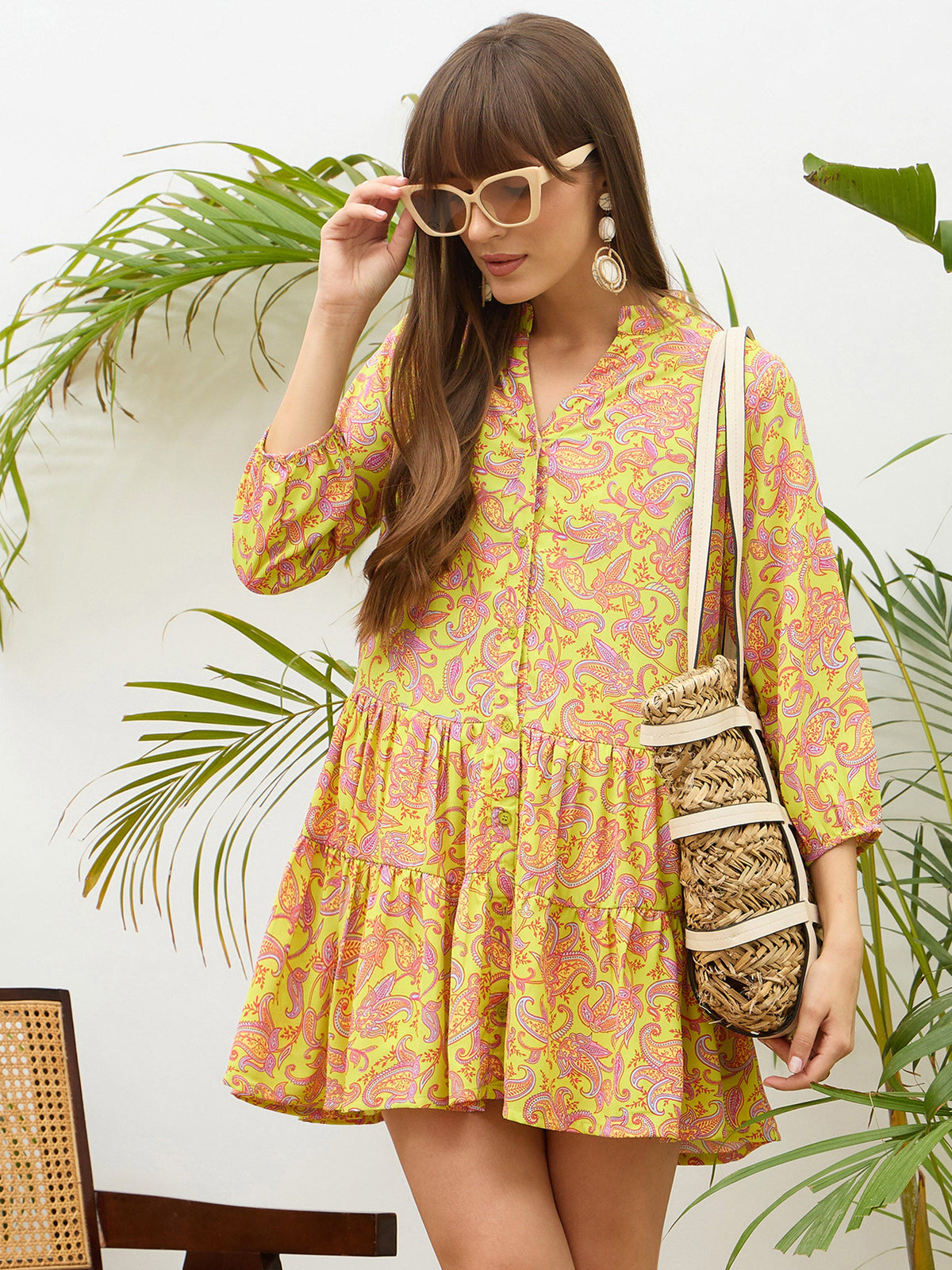 Neon Green Paisley Button Down Short Dress-SASSAFRAS