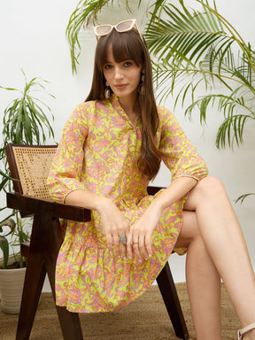 Neon Green Paisley Button Down Short Dress-SASSAFRAS