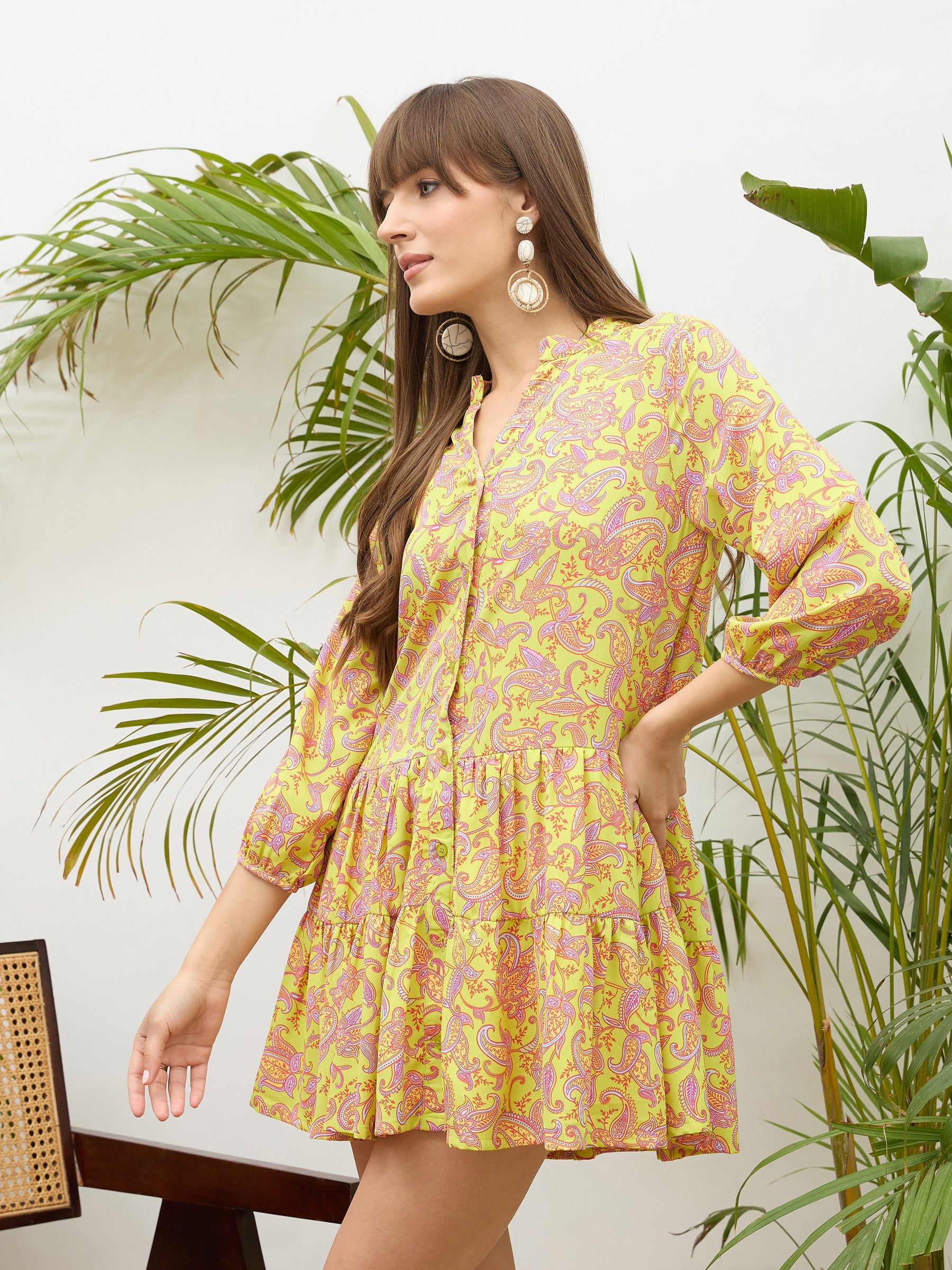 Neon Green Paisley Button Down Short Dress-SASSAFRAS