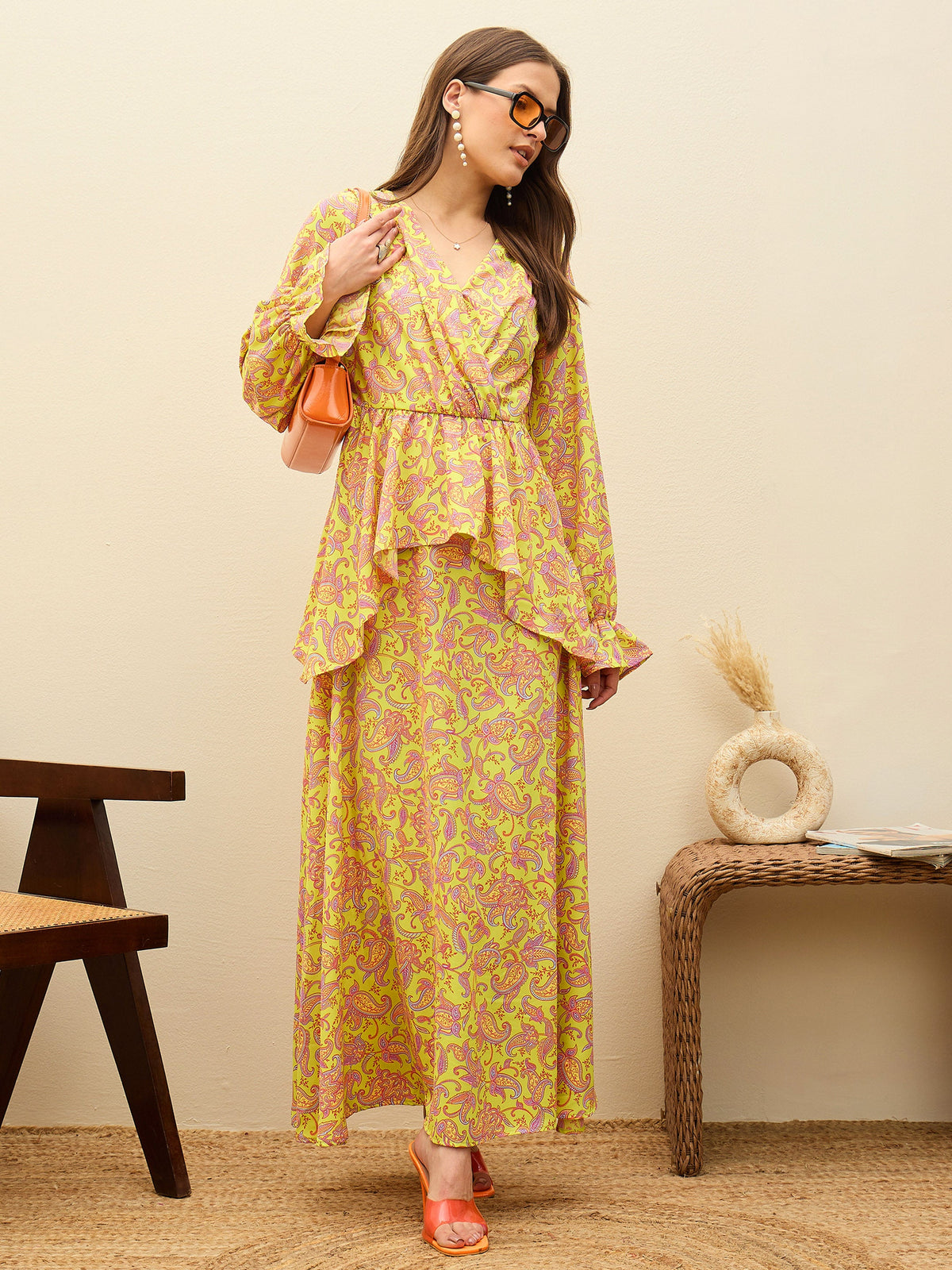 Neon Green Paisley Peplum Maxi Dress-SASSAFRAS