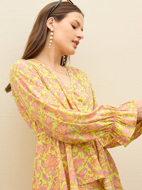 Neon Green Paisley Peplum Maxi Dress-SASSAFRAS