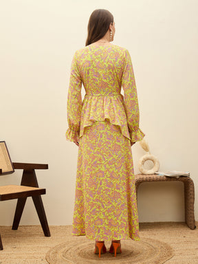 Neon Green Paisley Peplum Maxi Dress-SASSAFRAS