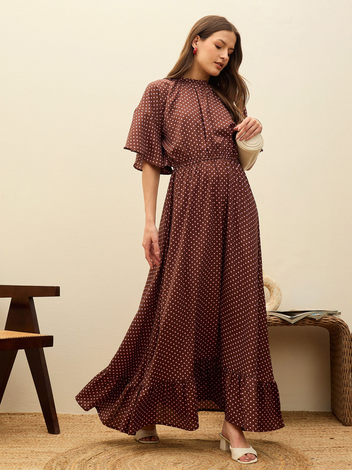 Brown Polka Dot Flared Hem Maxi Dress-SASSAFRAS