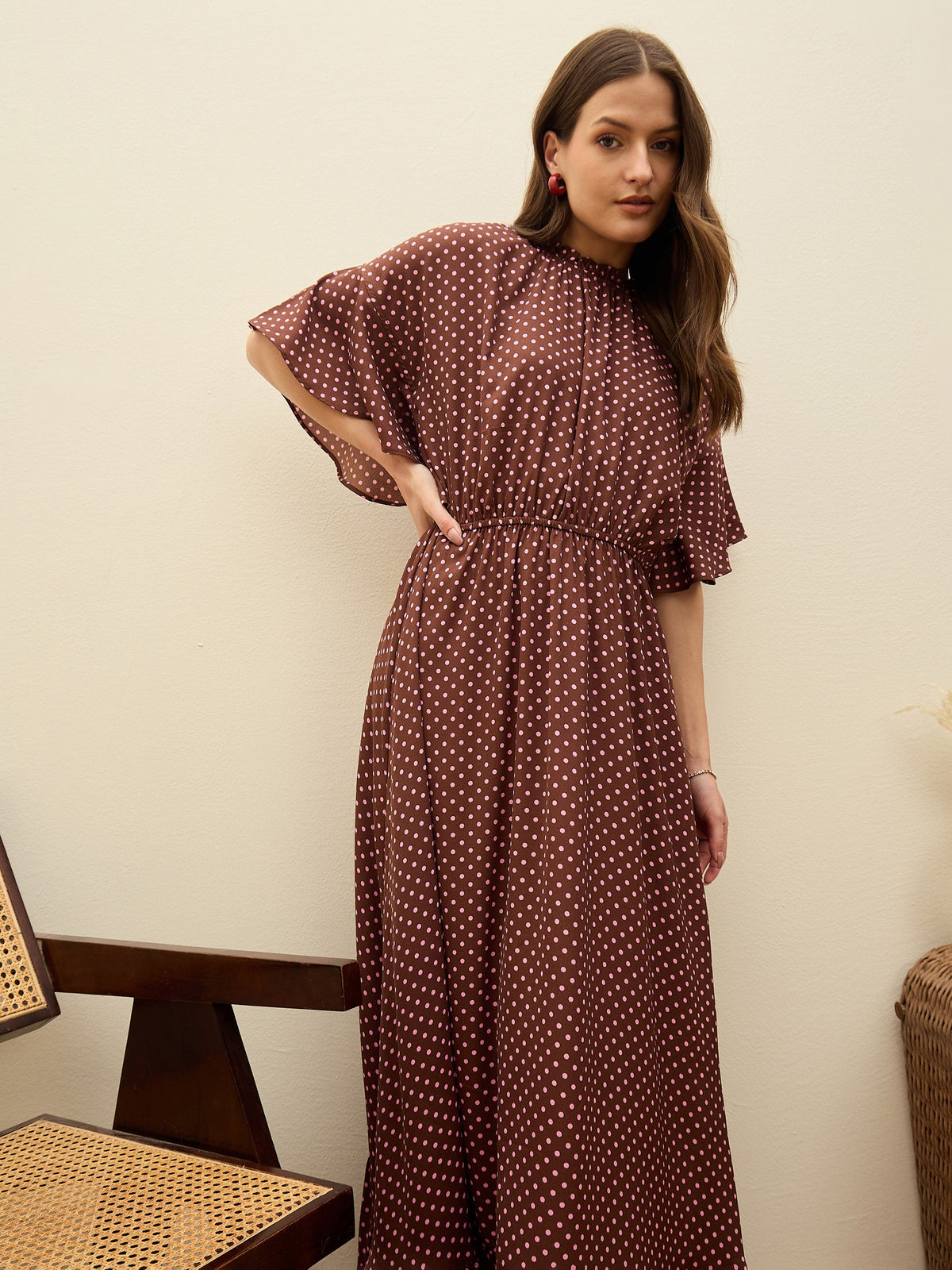 Brown Polka Dot Flared Hem Maxi Dress-SASSAFRAS