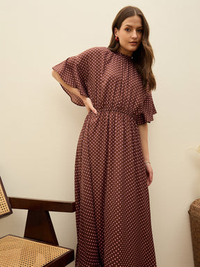 Brown Polka Dot Flared Hem Maxi Dress-SASSAFRAS