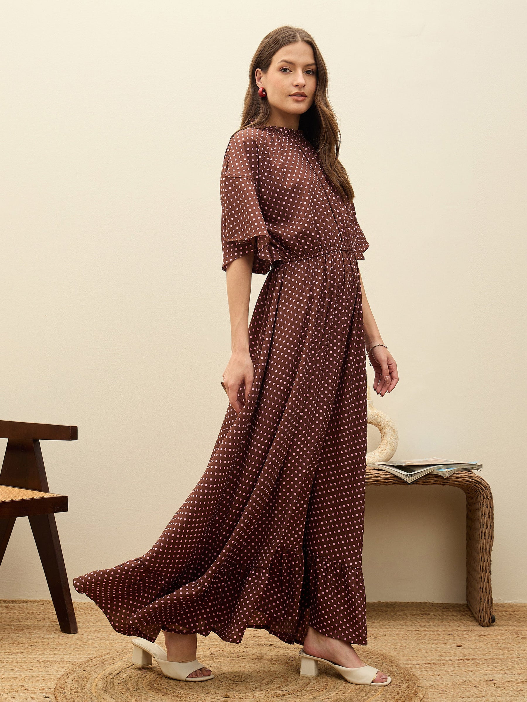 Brown Polka Dot Flared Hem Maxi Dress-SASSAFRAS