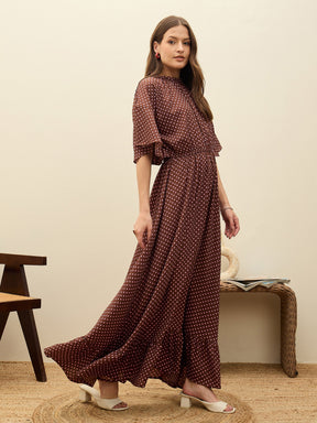 Brown Polka Dot Flared Hem Maxi Dress-SASSAFRAS