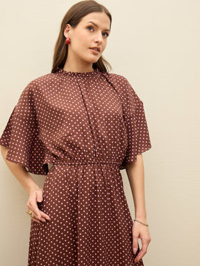 Brown Polka Dot Flared Hem Maxi Dress-SASSAFRAS