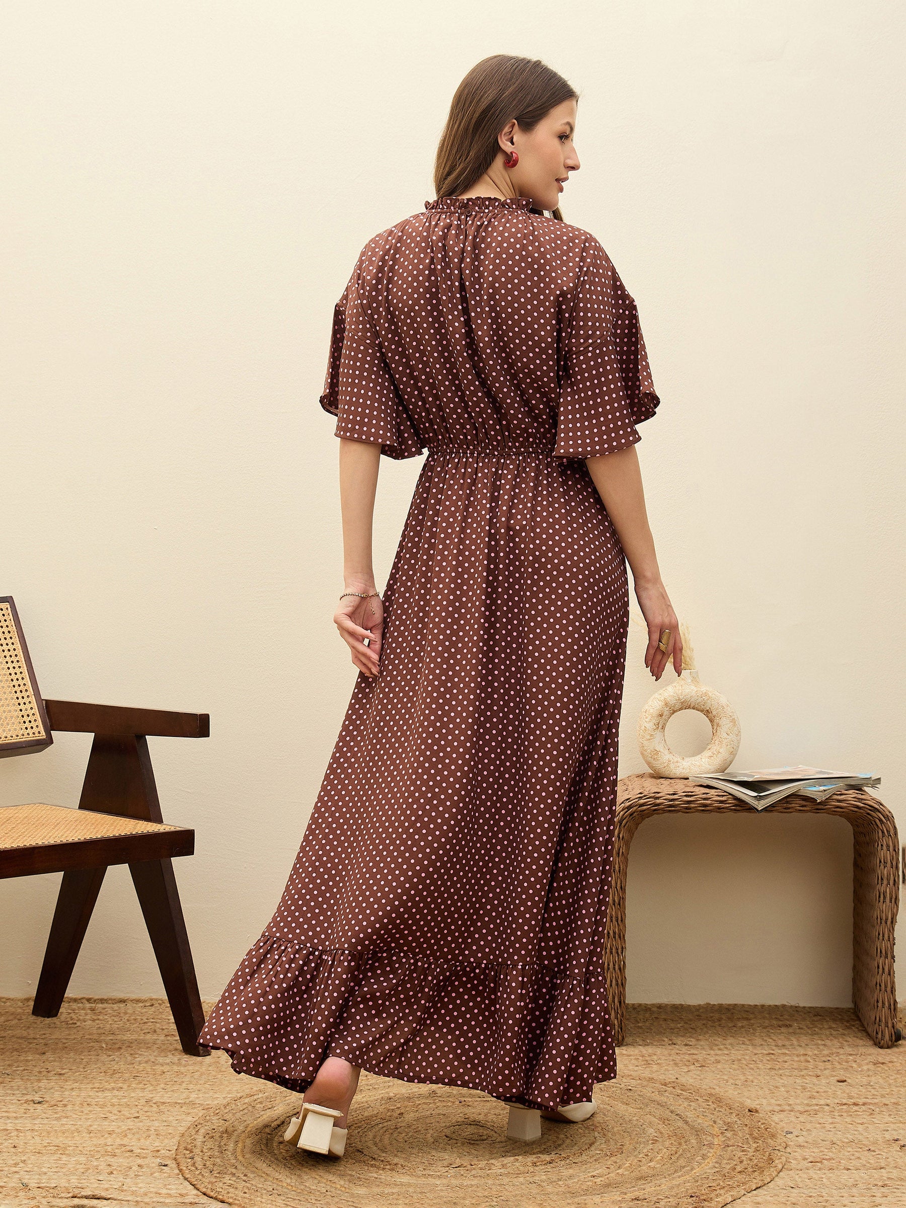 Brown Polka Dot Flared Hem Maxi Dress-SASSAFRAS