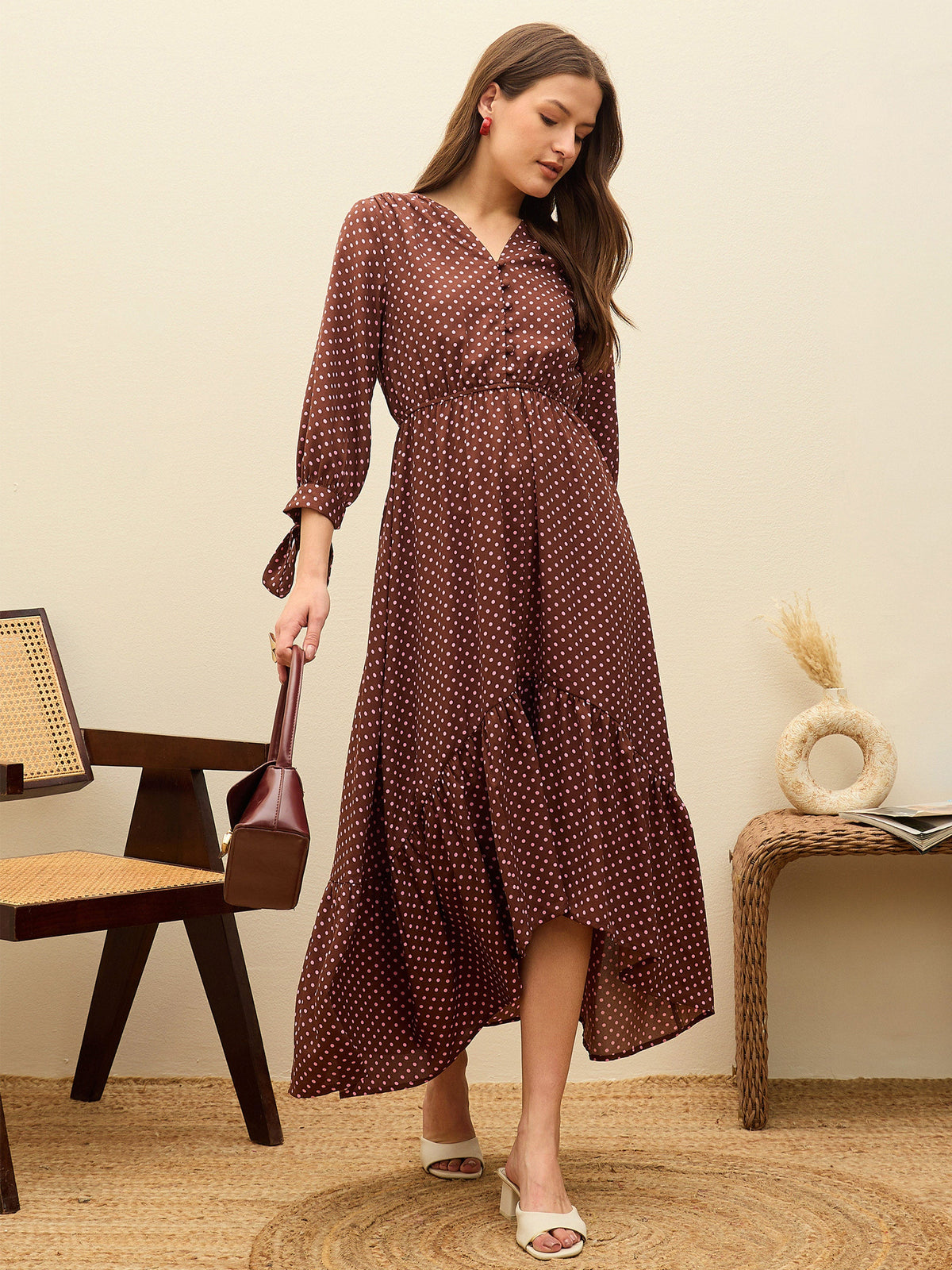 Brown Polka Dot Asymmetric Hem Maxi Dress-SASSAFRAS