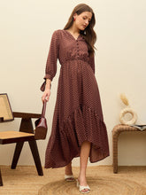 Brown Polka Dot Asymmetric Hem Maxi Dress-SASSAFRAS